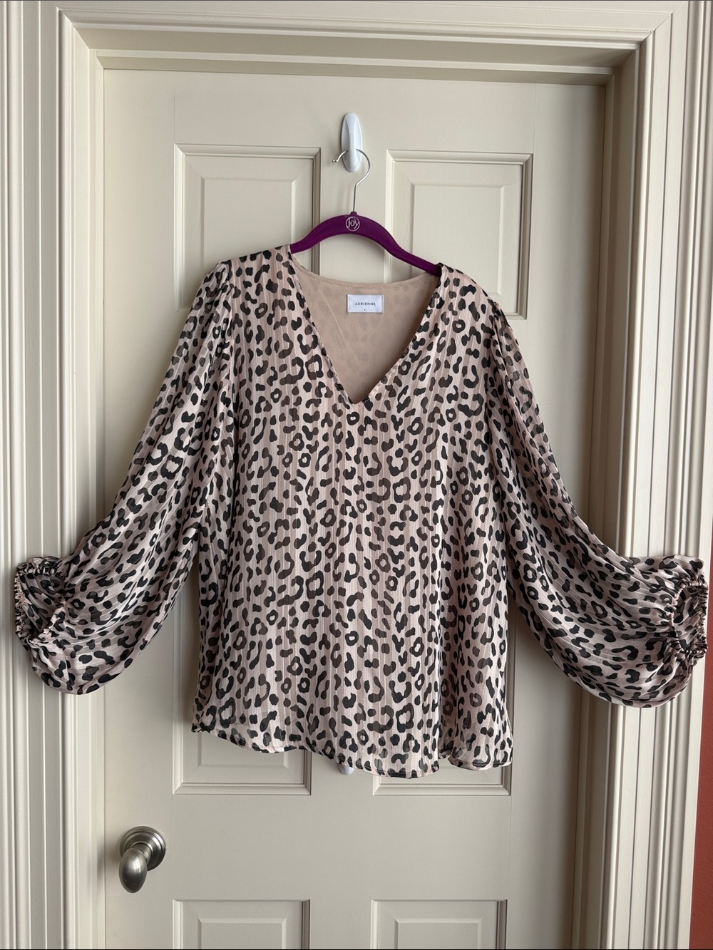 Adrienne Beige and Black Leopard V-Neck Balloon Sleeve Blouse